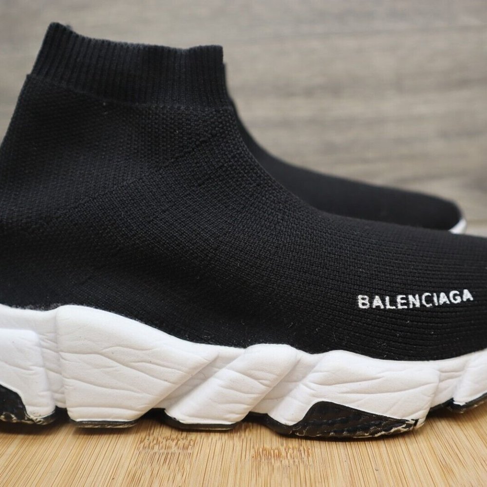 Balenciaga Shoe Womens 10 Black White Knit Speed Trainer Sneakers Slip On